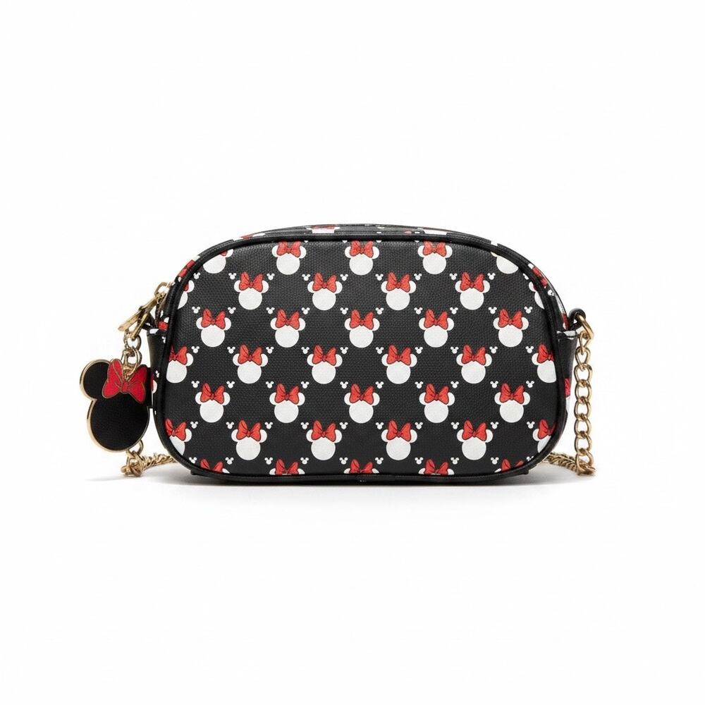 Disney Minnie Mouse Camera Crossbody Bag Black Red Bow Print Chain Strap Purse
